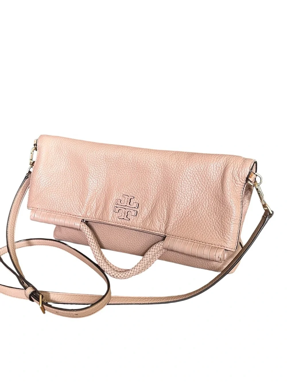 Tory Burch Blush Fold-Over Leather Crossbody Satchel Shoulder Bag